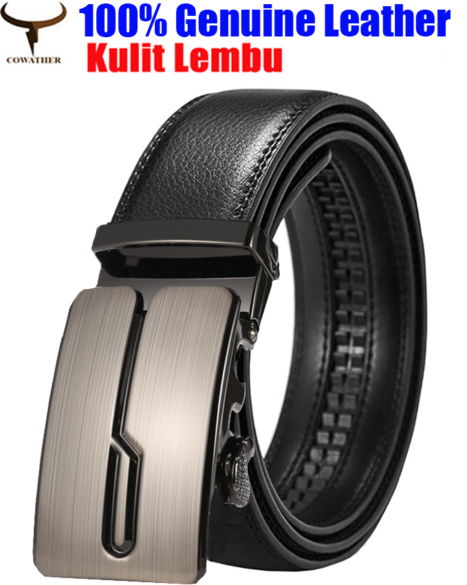 Men 3.5cm Dress Belts, COWATHER Ratchet Genuine Leather Casual Belts Slide Casual Classic Leather Belt for Men with Automatic Lock Buckle. Size Customized