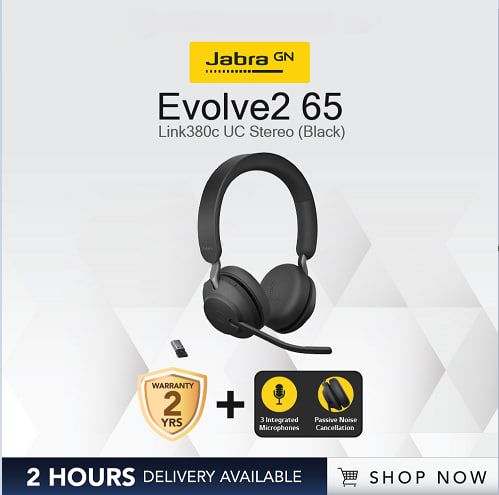 Jabra Evolve2 65 Link380c UC Stereo On Ear Headphone With Mic -Black (2 HOURS DELIVERY AVAILABLE)