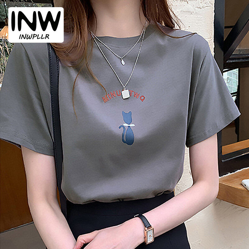 INWPLLR Women Tops Cute Cat Print Tshirt Summer Wear Women T-shirts Korea Letter T-shirt Women's Fashion Short Sleeve Tshits