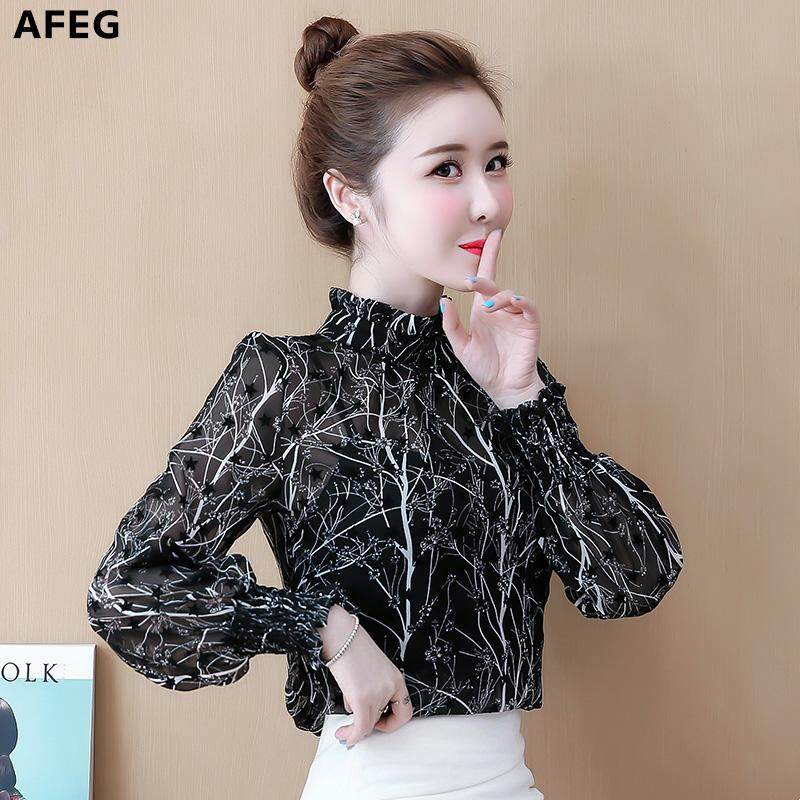 AFEG new Korean women's fashion casual long-sleeved floral chiffon wild temperament elegant blouses