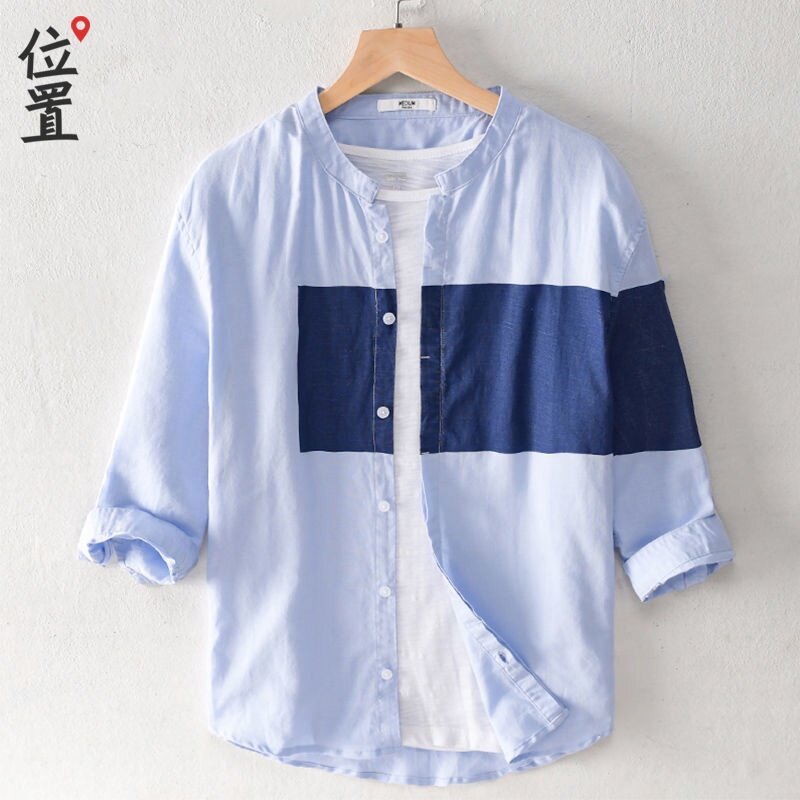 Summer Cotton Linen Short Sleeve Shirt Men Color Matching Seven-point Sleeve Shirt Trend Jacket