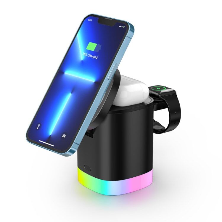 LEMONDA T15 3 in 1 Magnetic Wireless Charger Folding Charging Stand for iPhone iWatch AirPods Cordless Charging Station with RGB Light