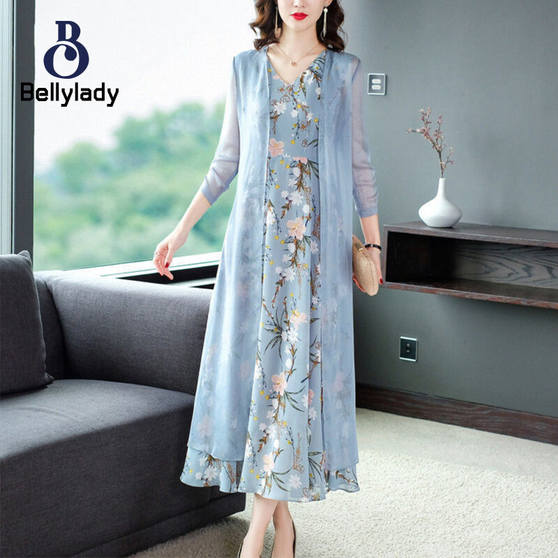 BellyLady 2 Pieces Women Dress Suit Chiffon Sweet Printing Sleeveless Dress With Long Jacket 2-piece Set