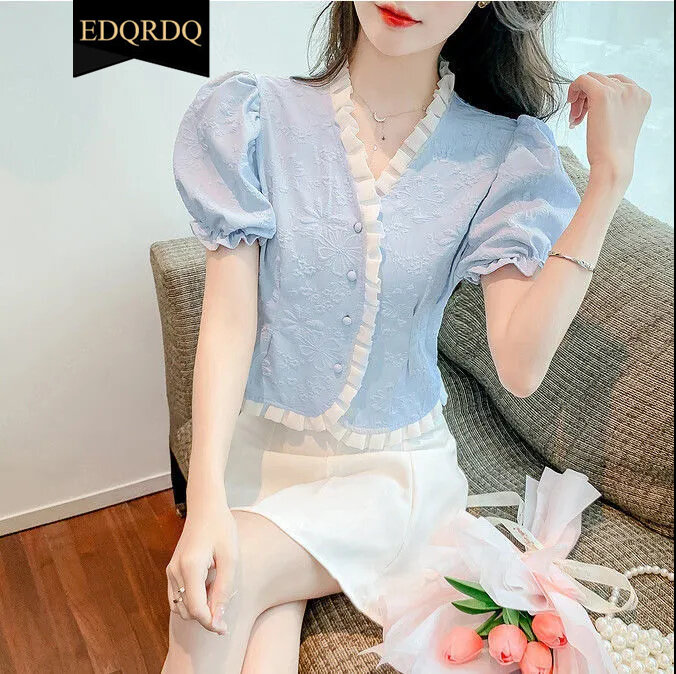 EDQRDQ Women Victorian Puff Sleeve Tops Vintage Ruffled Button Down Blouse