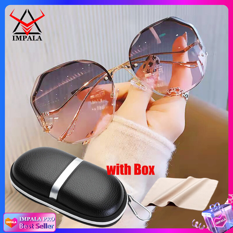 IMPALA QT3001L Fashion Rimless Sunglasses for Women Korea Style Sun Glasses for Female Sand Beach Eyewear UV Protective HD Lens Black Pink Blue Lens Optional with Box