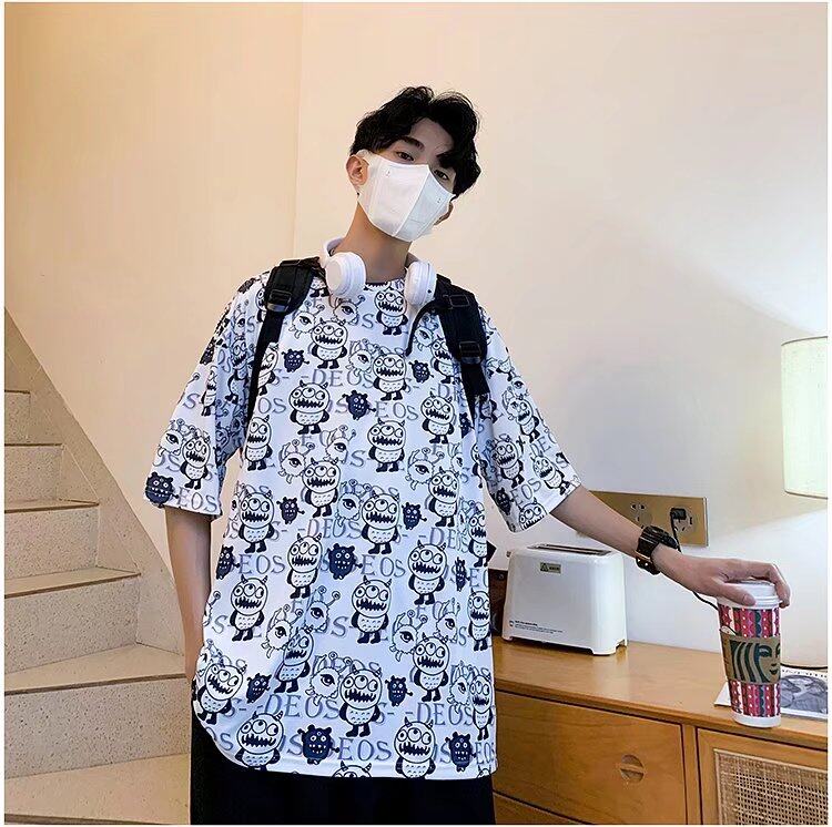t shirt Men 2022 New Korean Style Oversize Allover Cartoon Print Fashion Tops Loose Casual t-shirt
