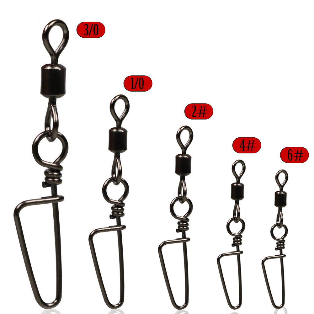 Sougayilang 33mm-70mm 50pcs Swivel Gear Fishing Swivels with Snap Lock Stainless Steel Black Color Nickel Fishing Connector Fishing Gear