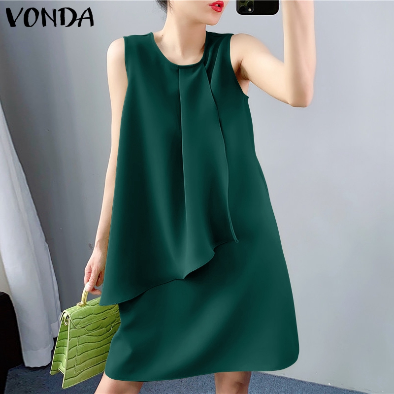 VONDA Women Summer Sleeveless Party Midi Dresses Casual Holiday Plain Tank Dress (Korean Causal)