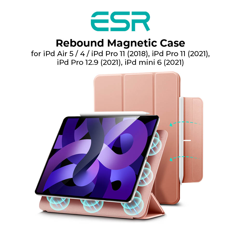 ESR Rebound Magnetic Smart Case for iPad Air 5 2022 iPad Air 4 [Supports Apple Pencil Pairing & Charging] Smart Case Cover, Auto Sleep/Wake Trifold Stand Case