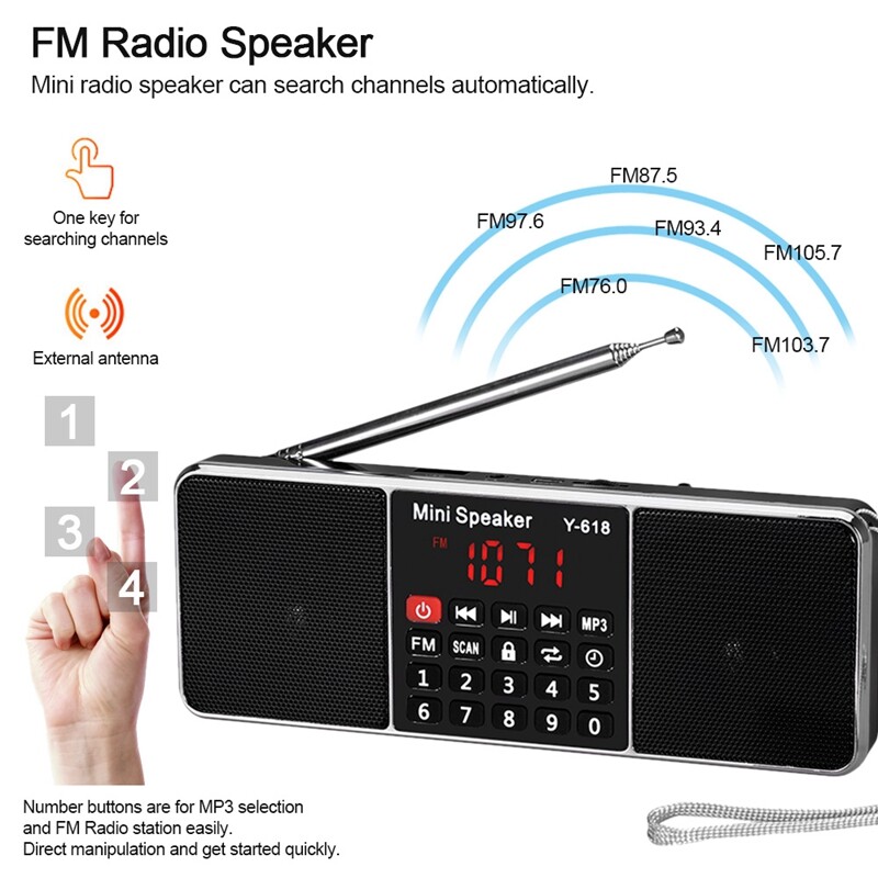 Y-618 Mini Fm Radio Digital Portable Dual 3W Stereo Speaker Mp3 Audio Player High Fidelity Sound Quality W/ 2 Inch Display Screen Support Usb Drive Tf Card Aux-In Earphone-Out