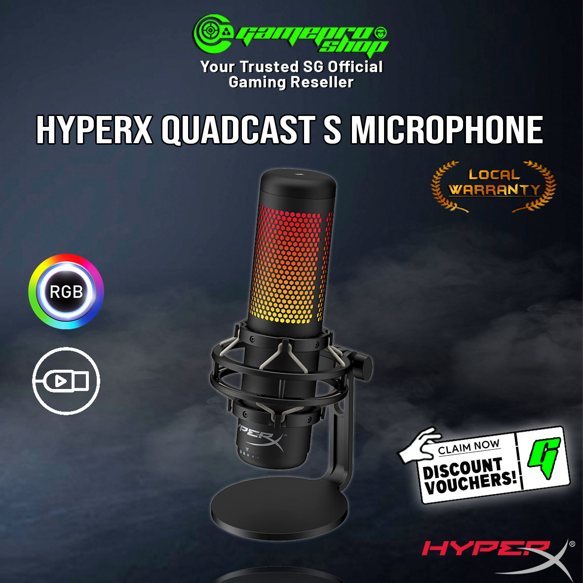 HyperX QuadCast S RGB USB Condenser Microphone (for PC / PS4 / PS5) Vibration Shock Mount 4 Polar Patterns  (2Y)