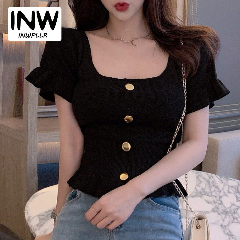 INWPLLR Women's Short Sleeve Tshirt Summer Ethnic Women T-shirt Korean Elegant Knitted Top Fashion Buttons Tshirts Minimalist Wear Women T-shirts Pink 2020