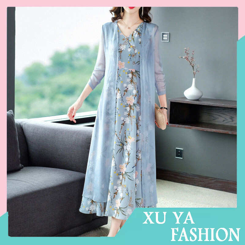 2 Pieces Women Dress Suit Chiffon Sweet Printing Sleeveless Dress With Long Jacket 2-piece Set