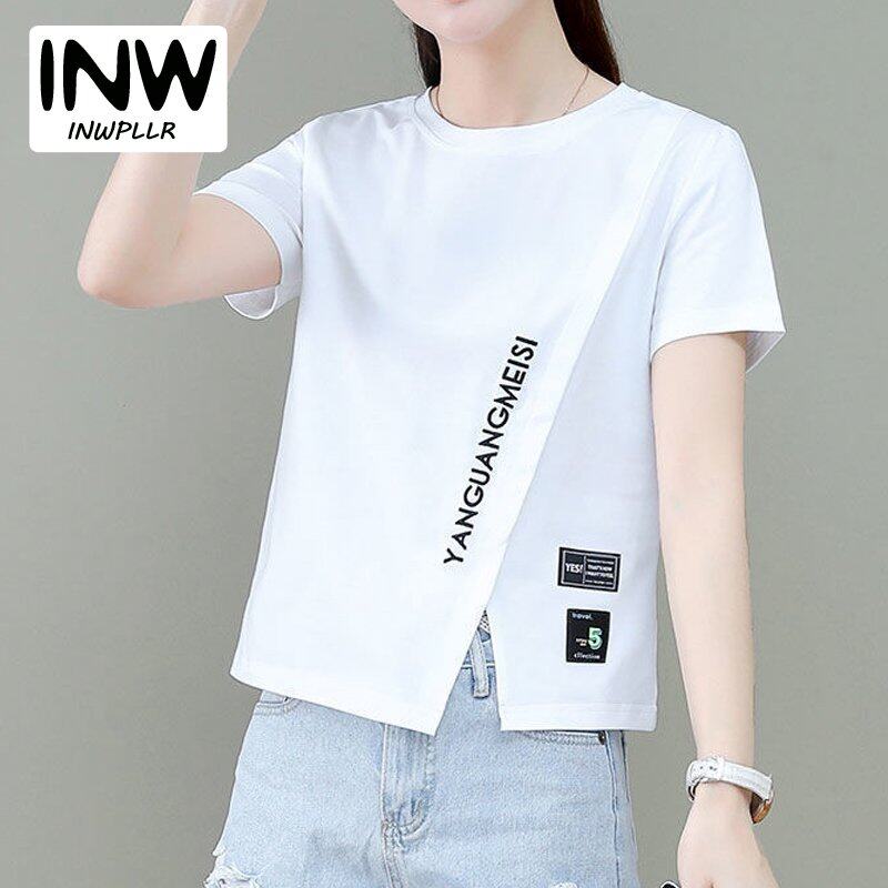 INWPLLR Summer Women T-shirt Letters Printing Slim Forked Tops Short Sleeve Personality Multi-color Ladies Tshirts