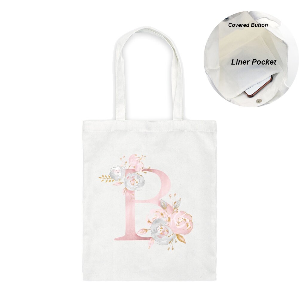 A-Z Floral Letters Pattern Ladies Handbags Canvas Tote Bag Unique Gift Women Shoulder Shopper Bags with Linner Pocket