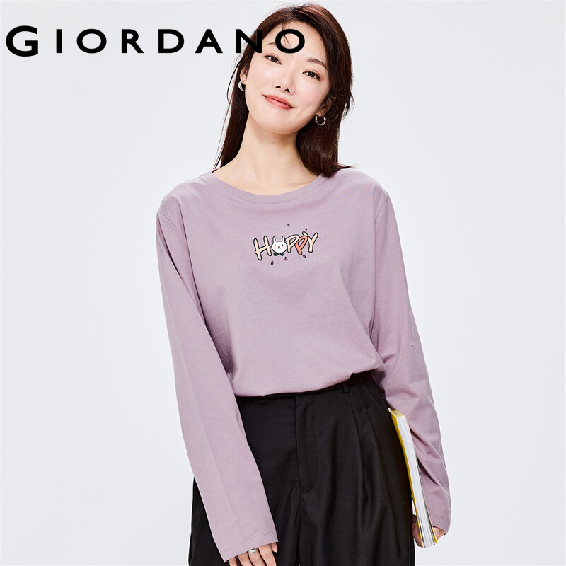 GIORDANO Women ZITA Series T-Shirts Long Sleeve Cute Cartoon Print Casual Tee 100% Cotton Crewneck Simple T-Shirts 99392146