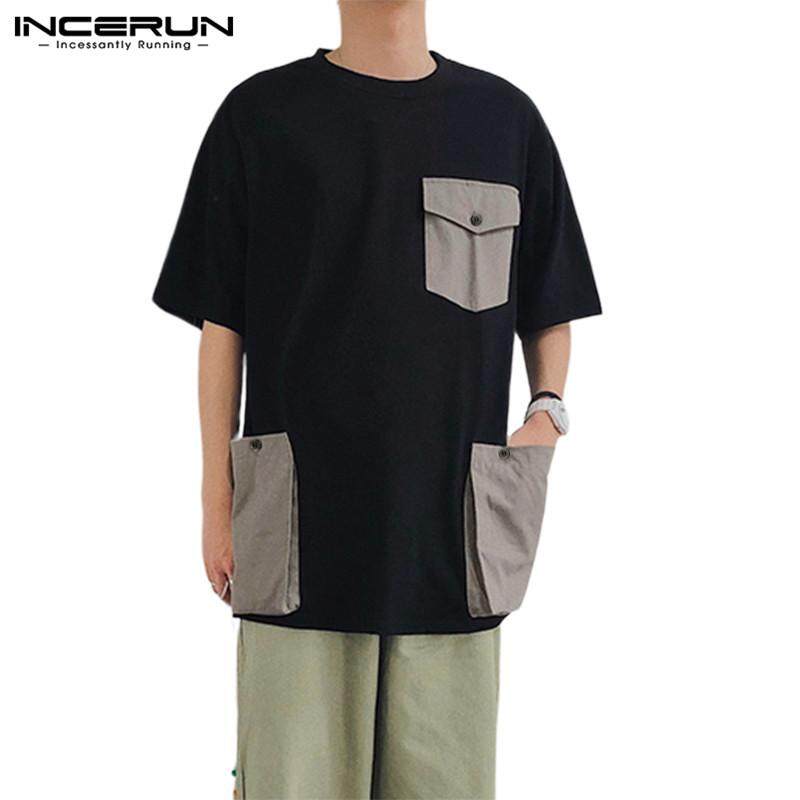 INCERUN Men Casual Baggy T-shirt Stitched Short Sleeve Multi-Pocket Top Korean Loose Tee (Korean Style)