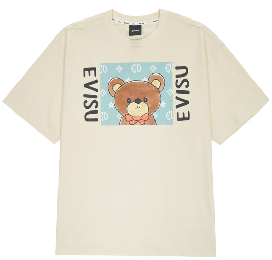 [EVISU KOREA] Overfit Digital Print Teddy Bear Short-sleeve T-shirt Casual Men Women Tee Couple Tops  Cotton Street Style Korean Fashion