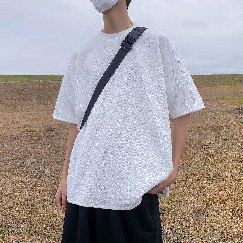 Waffle t shirt Men 2022 New Korean Style Oversize Plain Fashion Tops Loose Casual t-shirt