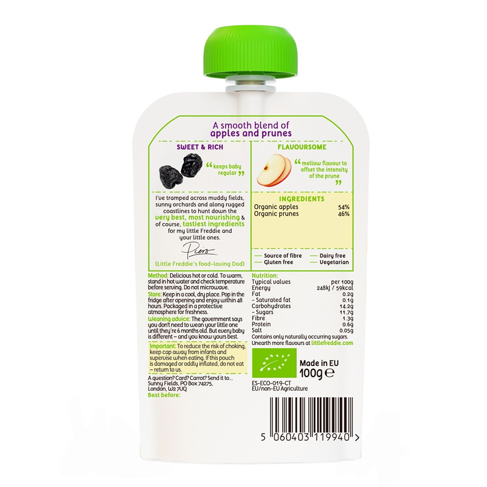 Organic Little Freddie Fruit & Vegetable - Balanced Prunes & Apples INNER BOX  (100g x 6)