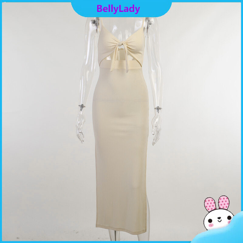 Women Suspender Slim Fit Dress Sexy V-neck Pullover Long Skirt Solid Color Lace-up Hollow Slit Dress