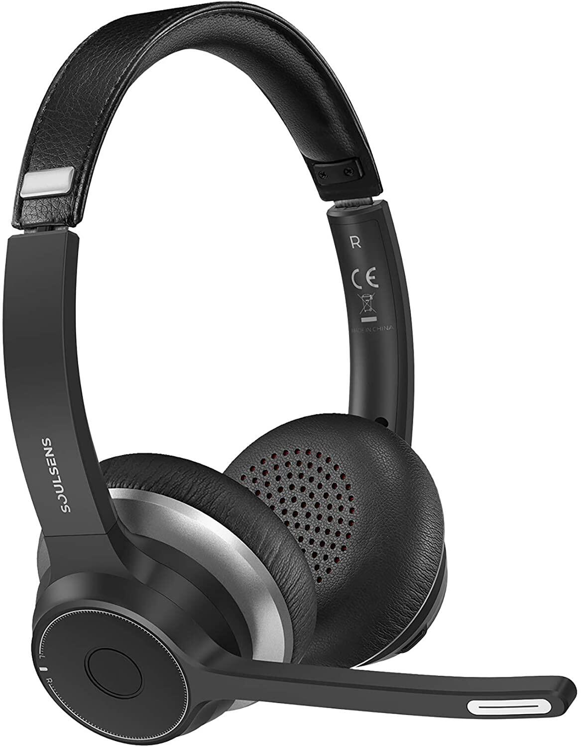 Mpow HC5 Bluetooth Headset V5.0, Wireless Headphones with Dual Microphone, CVC8.0 Noise Canceling, 22+Hrs Talk Time, Soft Ear Pad, Wireless Business Office Headset for Calling, Music (Wired Optional)