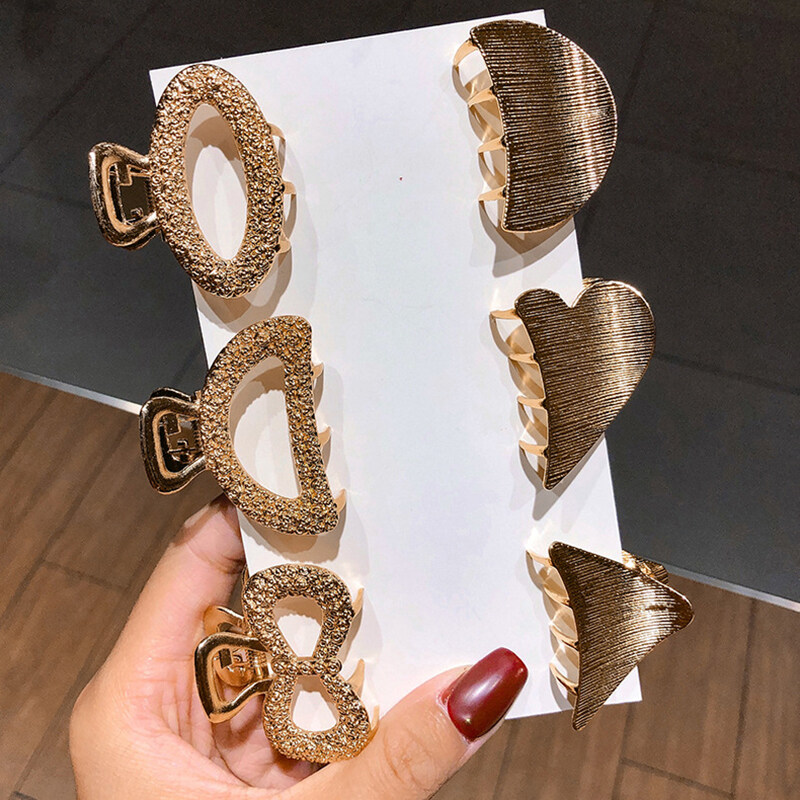 6Pcs/set Simple Geometric Metal Hair Clip Cute Love Heart Bows Korean Chic Hair Claws Women Girls HairClips Hairgrips Hairpins