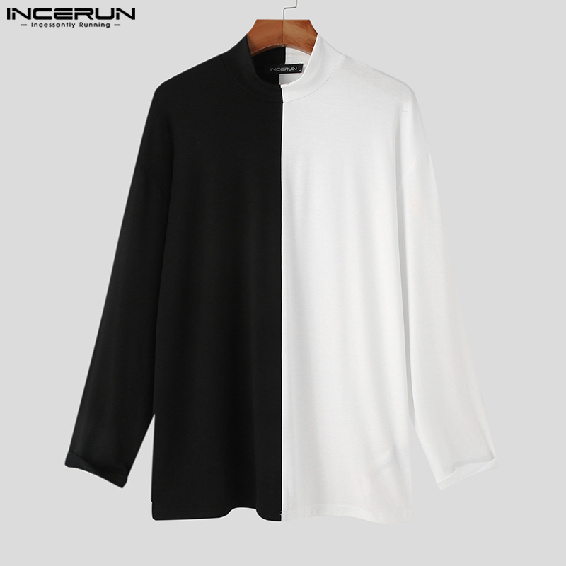 INCERUN Mens Long Sleeve Black&White Patchwork T Shirts Casual Fit Blouse (Korean Style)