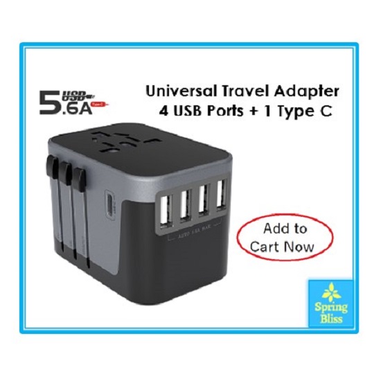 [SG Seller] Universal Travel Adapter All in One International Worldwide Wall Power Travel Adaptor with 4 USB Ports + 1 Type C Port Fast Wall Charger Plug (Black/ Black with Dark Grey/ Black with Silve