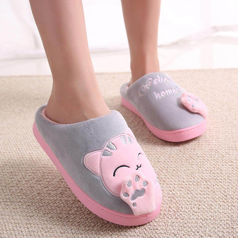 GO MALL Women Winter Home Slippers Cartoon Cat Non-slip Warm Indoors Bedroom Floor Shoes women