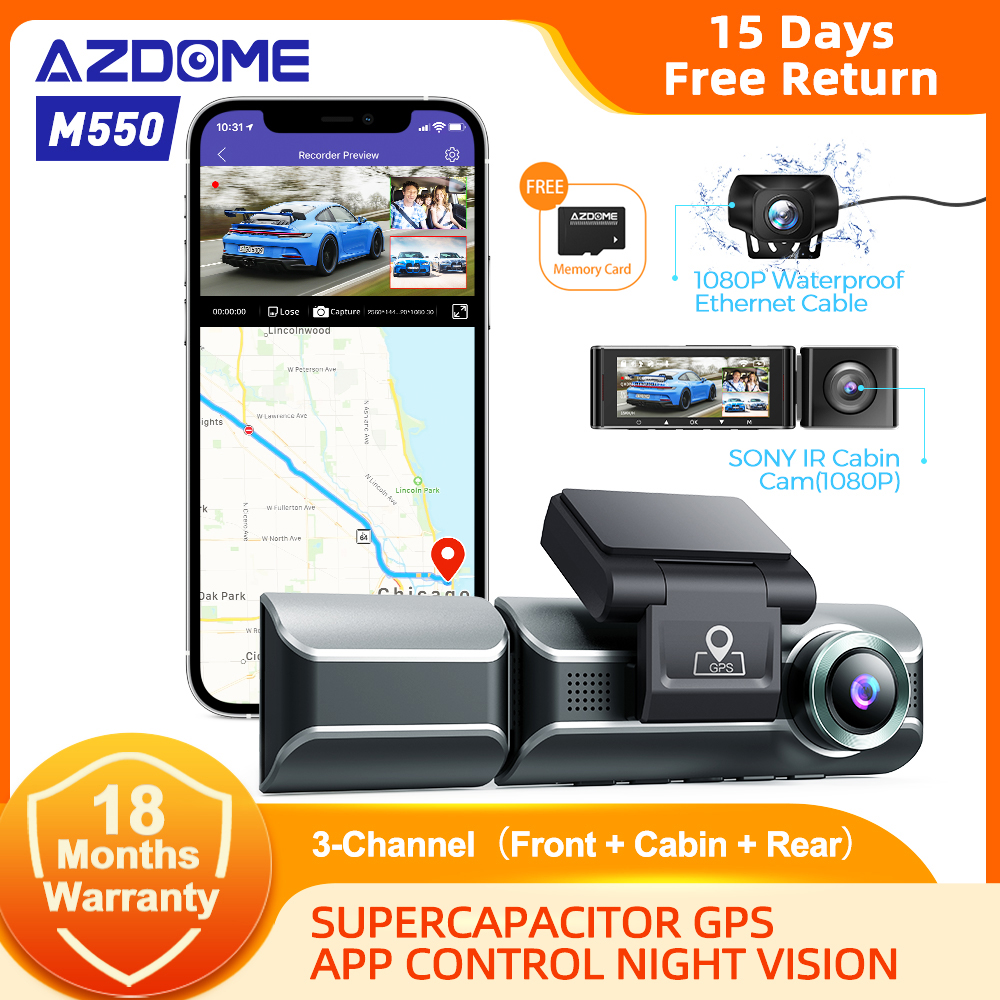 Free SD Card Today✔AZDOME M550 3 Channel Lens 4K Car Dash Cam with Night Vision WiFi GPS,Front and Rear,Cabin Inside 2K Three Way Ultra Full HD 1080P Dash Cameras Dashboard BackUp Camera Dashcam for C
