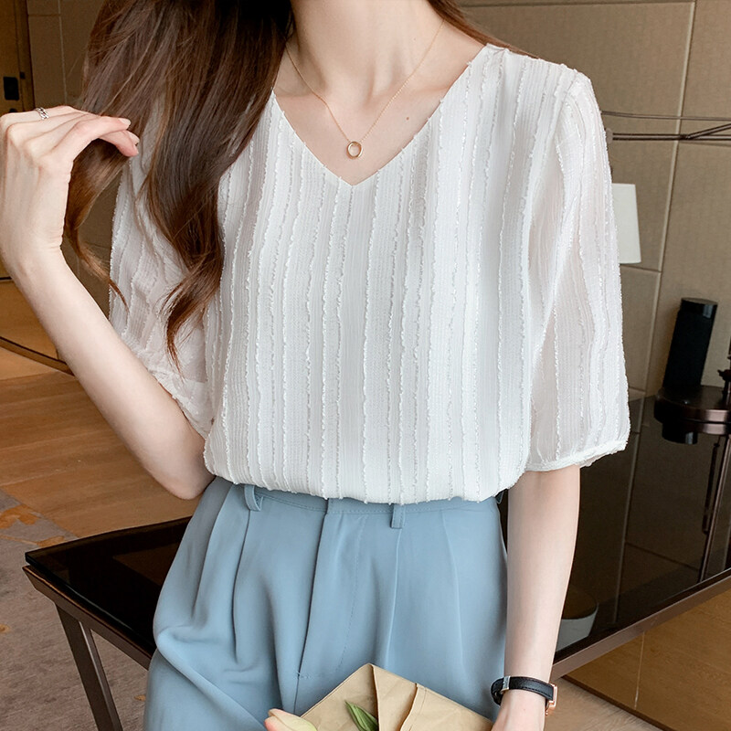 YIGE 2022 summer new jacquard V-neck blouse short-sleeved chiffon blouse fashion loose big size shirt