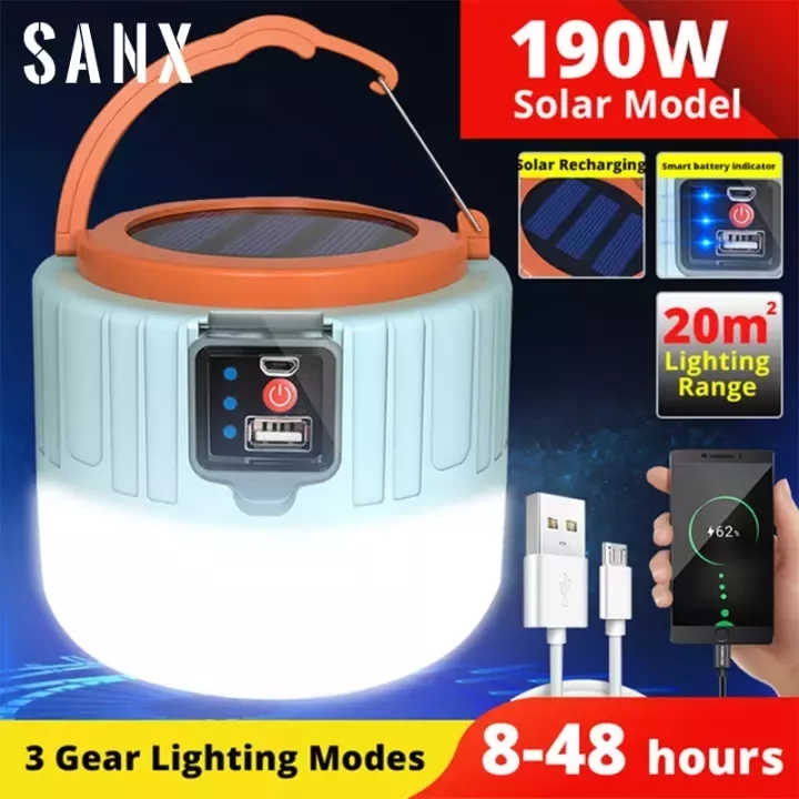 SANX 60W 280W USB Rechargeable Power Display LED Night Market Light Bulb with Remote Control Solar Charge Outdoor Camping Light for Night Market Stalls Camping Hiking
