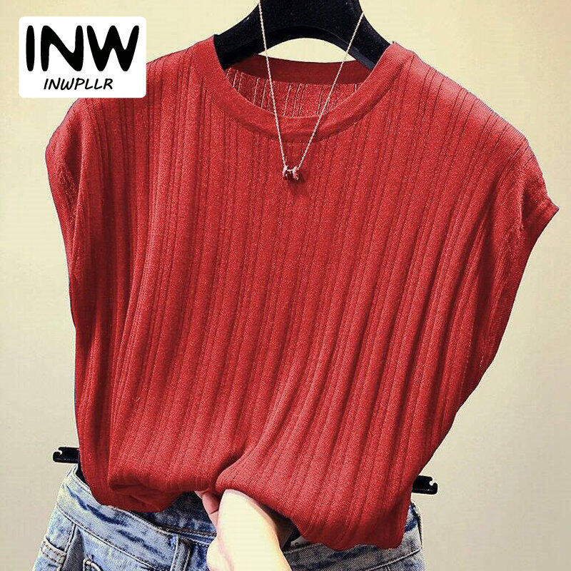INWPLLR Summer Tops O-neck Knitted Tshirt Korea Women T-shirt Minimalist Wear Plain T-shirts Women's Fashion Short Sleeve Tshirts