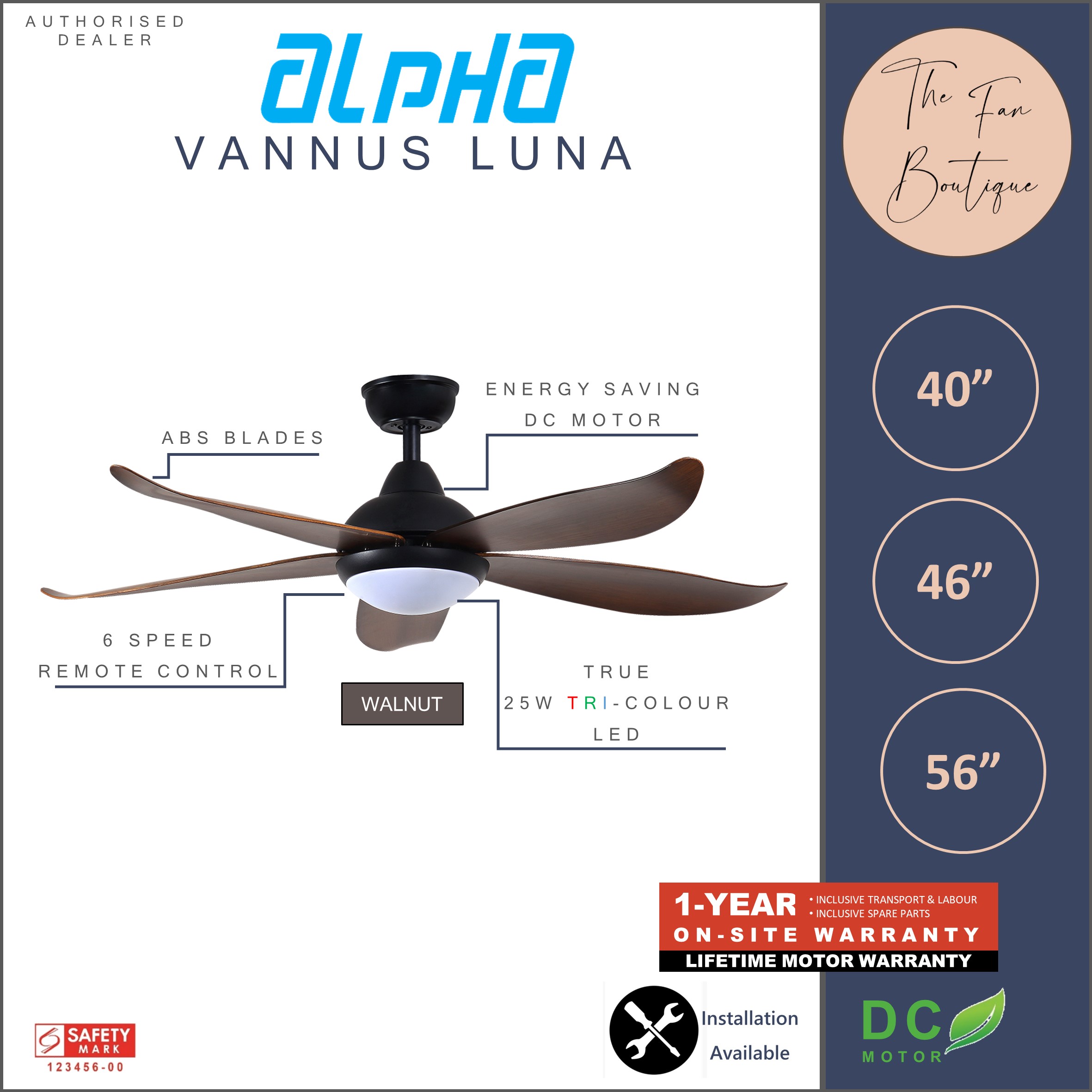ALPHA Vannus Luna 46" DC Motor Ceiling Fan with 25w LED Light and Remote Control
