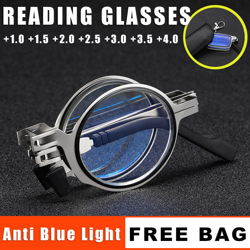 Ultra-thin Foldable Reading Glasses for Men Women Anti-Blue light Eyeglasses Metal Round Frame +1.0 To +4.0 With Free Bag