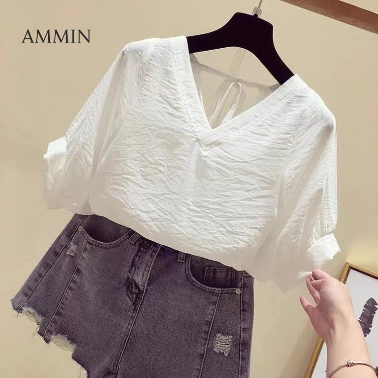 AMMIN Korean Style Short Sleeve Super Fairy Sweet Loose Slim Top For Women 2022 New V-Neck Backless Chiffon Shirt Casual Blouse