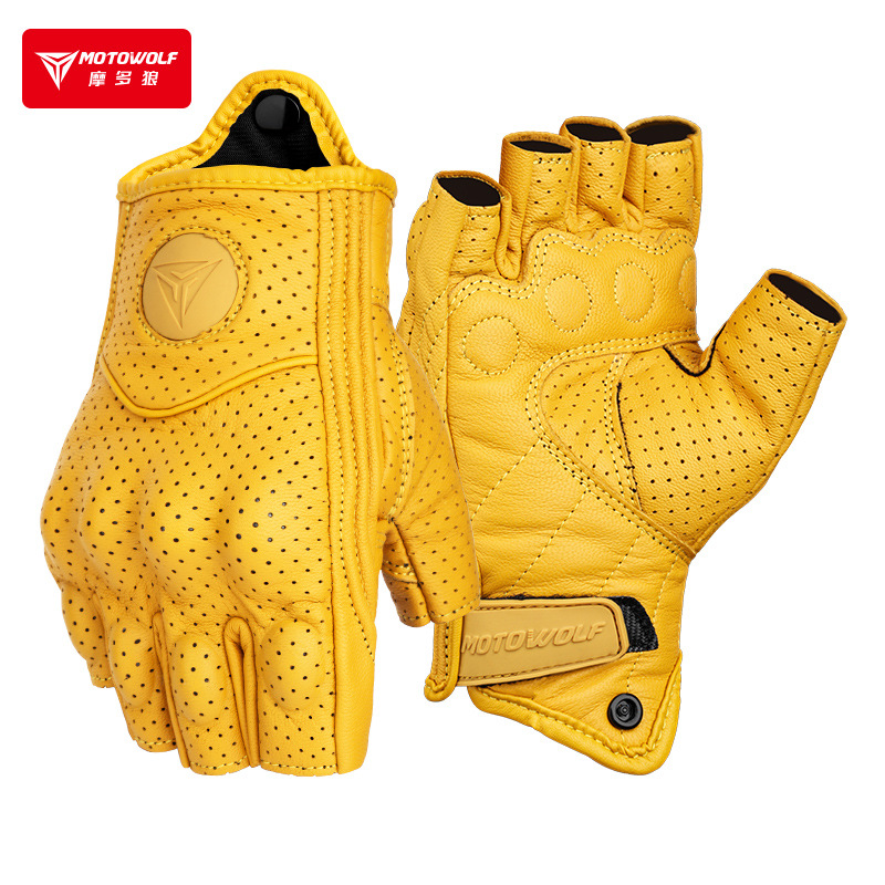 SltcrPasion Half Finger Riding Motorcycle Gloves Sheepskin Leather Moto Cycling Fingerless Gloves Tactical Retro Anti Slip Wrist Adjustable Motowolf