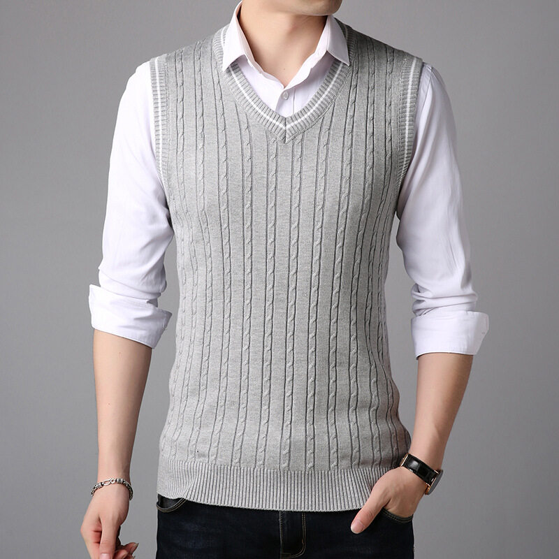 LUX ANGNER Autumn New Men V Neck Sweaters Men Sleeveless Stripe Vest Pullover Sweater Men Korean Slim Casual Sweater Clothes