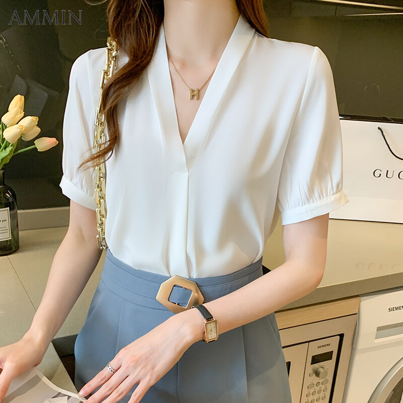 AMMIN 2022 summer new Korean version all-match V-neck short-sleeved chiffon shirt For women