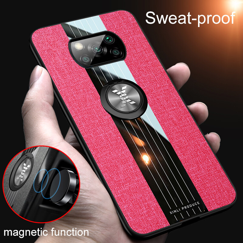 Hontinga Casing Case For Xiaomi Poco X3 NFC Case Pocophone X3 NFC Case Fabric Cloth Back Case With Metal Finger Ring Holder Matte Protective Sweat-proo Hard PC Cover Phone Case Shockproof Cases Coque 