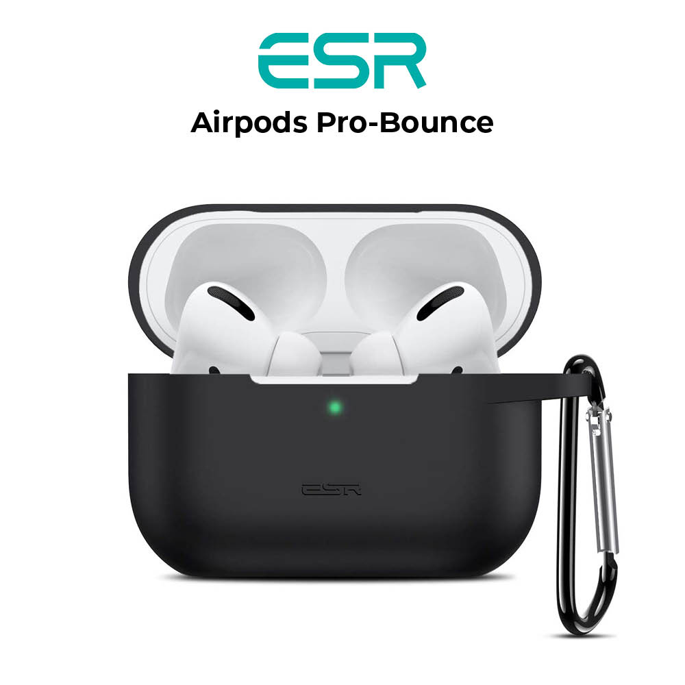 ESR Compatible with AirPods Pro Case, Silicone Case with Carabiner for AirPods Pro Charging Case [Front LED Visible] [Shock-Absorbing] Soft Slim Case – Black