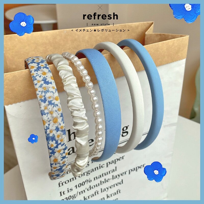 FINE TOO Korean Pearl Headband Sweet Floral Plaid Hair Accessories Women Girl Hairband Hairpin Headdress