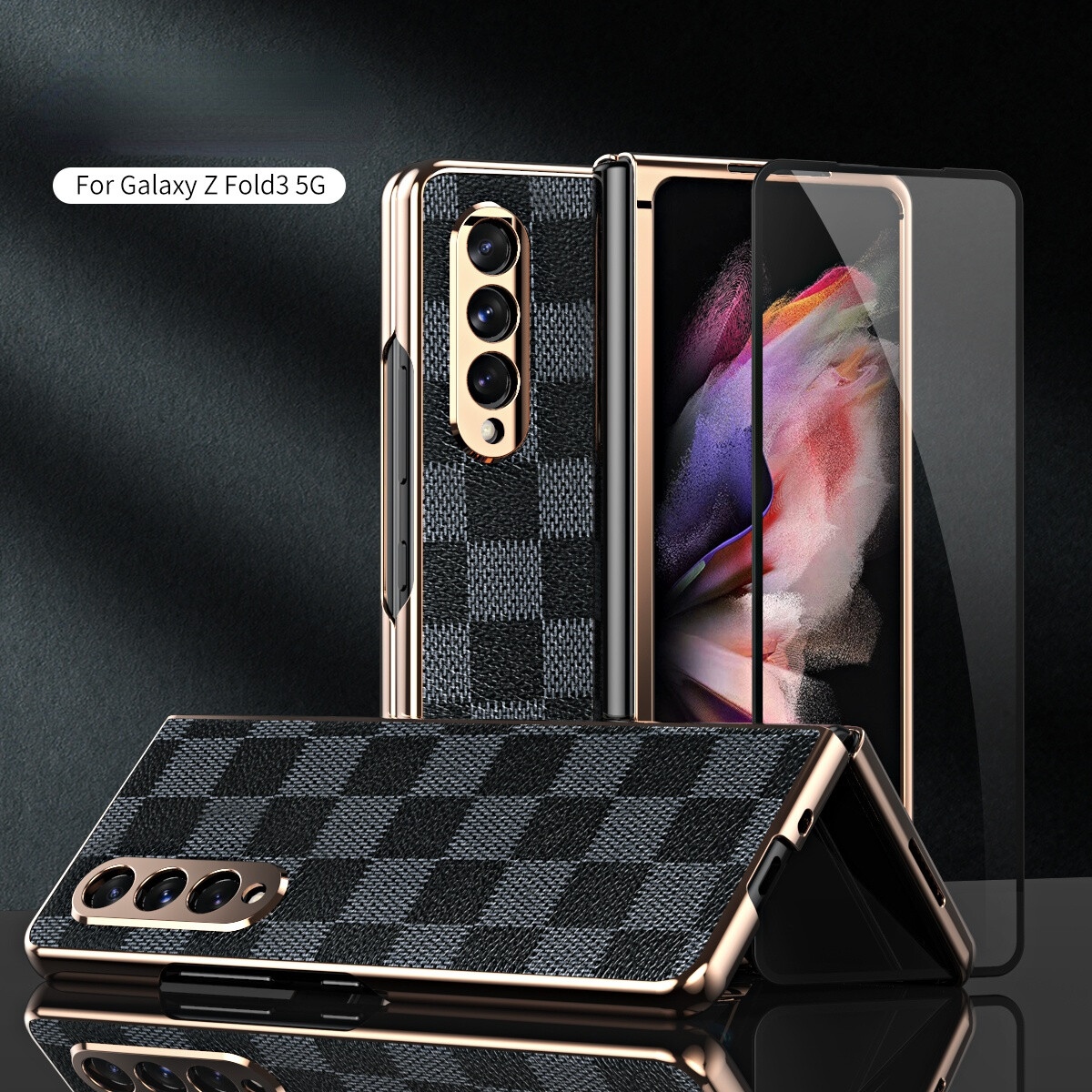 KISSCASE 360 Full Screen for Samsung Galaxy Z Fold 3 Protector Case PU Leather Shell Tempered Glass Cover