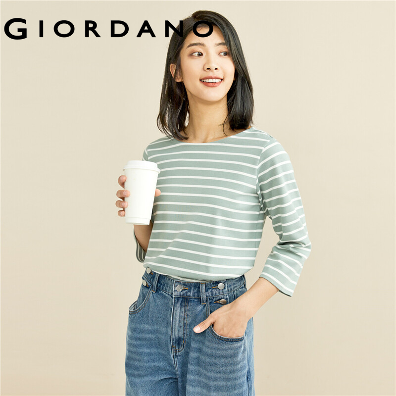 GIORDANO Women T-Shirts Simple Solid Color Comfy Smooth Boat Neck T-Shirts 3/4 Sleeves Stripe Design Solid Color Tee 05321629