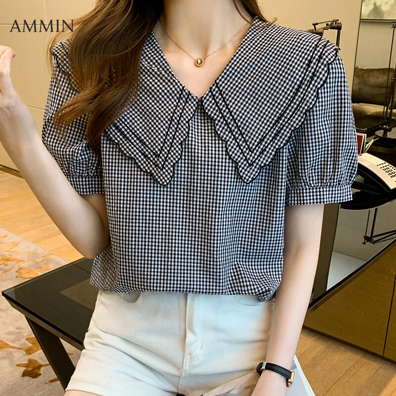 AMMIN Tops 2021 new double-layer doll collar personality design loose short-sleeved blouse female summer sweet and elegant temperament lantern sleeve plaid casual chiffon shirt