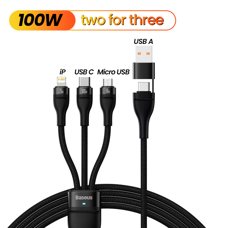 Baseus 3 in 1 USB Type-C Cable PD 100W Fast Charging Cable Flash Series USB+Type-C to MicroUSB+Lightning+Type-C 100W for iPhone Samsung Huawei Xiaomi tablets laptops