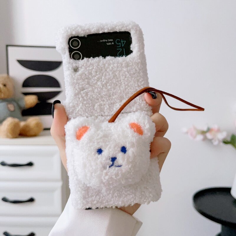 HOCE Cute Doll 3D Fluffy Bear Phone Case For Samsung Galaxy Z Flip 3 4 Z Flip4 Flip3 5G Folding Kickstand Fur Cover Cases