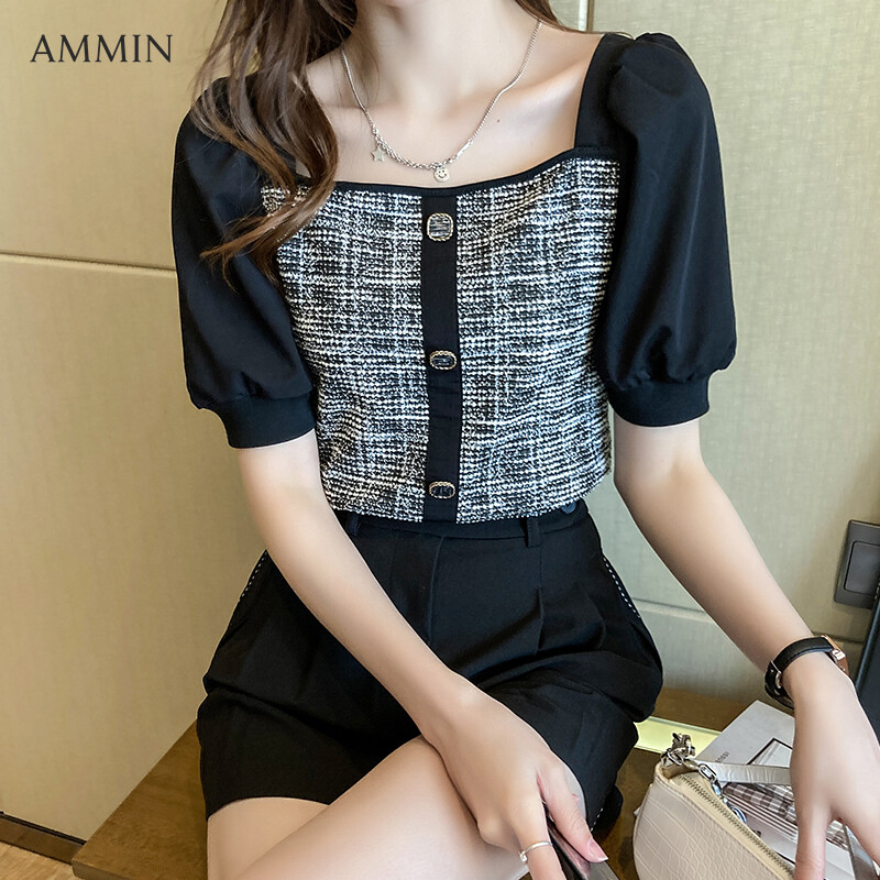 AMMIN Tops 2022 summer new style French plaid stitching button embellished blouse women's short-sleeved small fragrant wind square collar exposed clavicle puff sleeve short style chiffon shirt