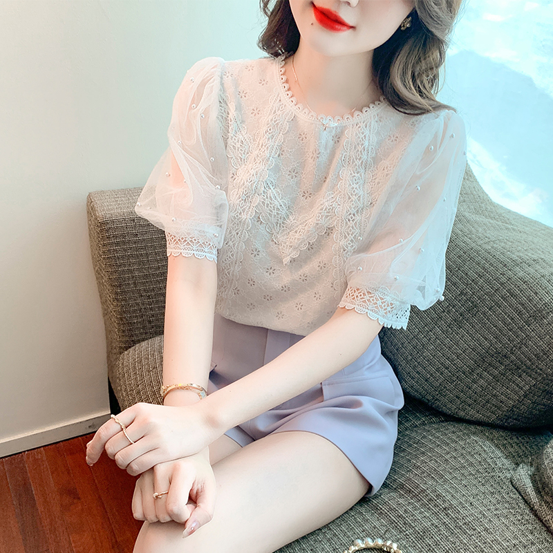 YIGE Round neck beaded lantern sleeves fashion lace blouse 2022 summer new Korean version tunic top